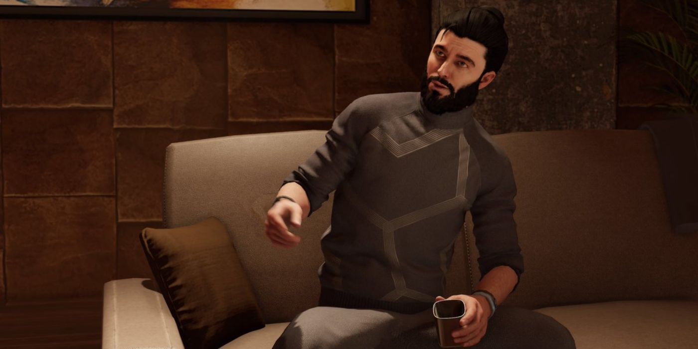 Dusan sits on a couch with a coffee in hand during Watch Dogs 2