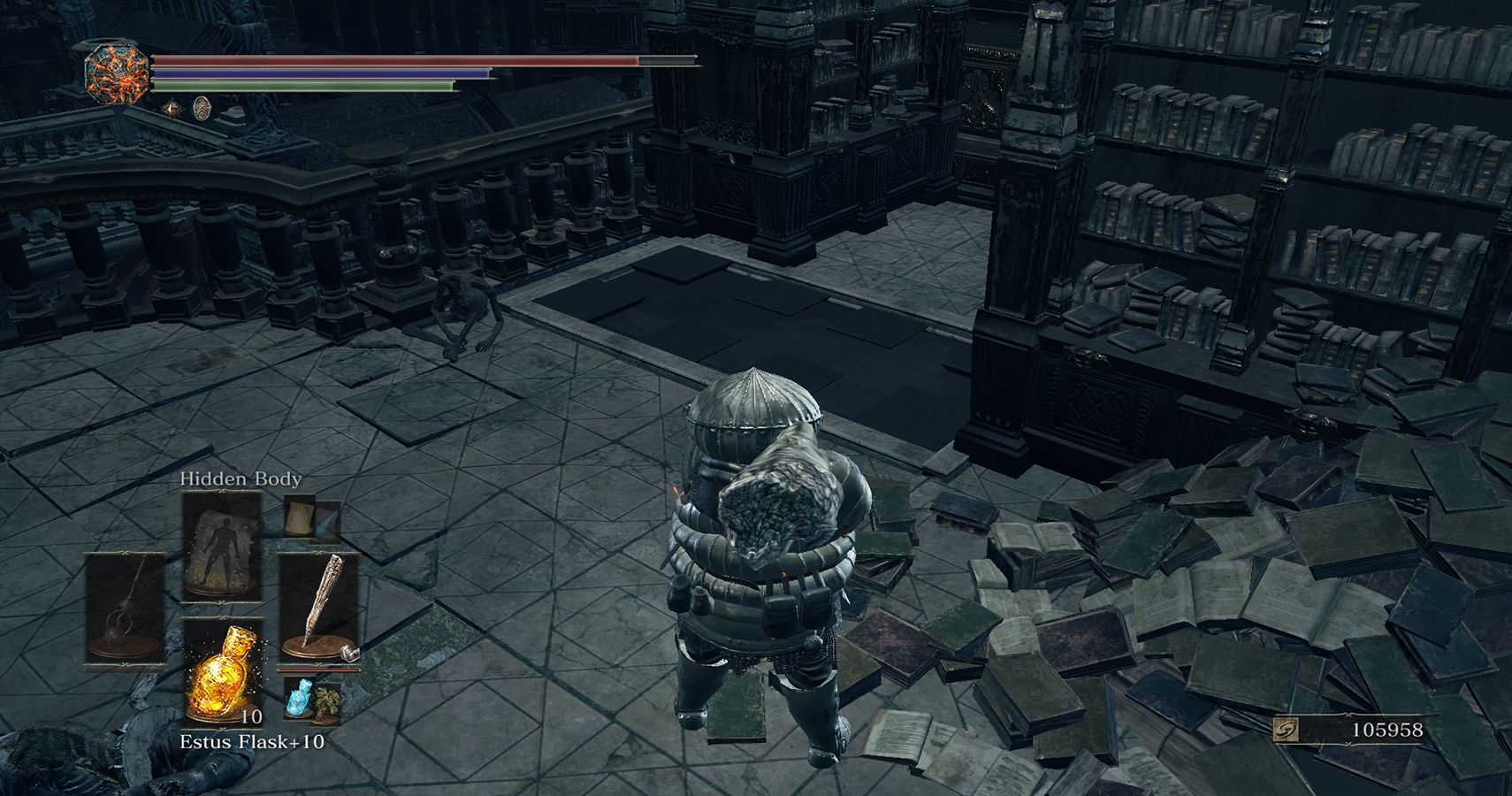 character standing before bookcase that has lowered into the floor