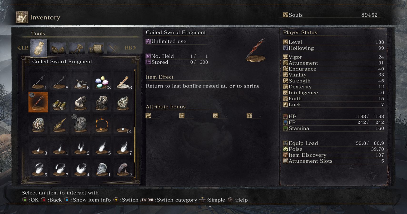 ds3 coiled sword fragment item menu