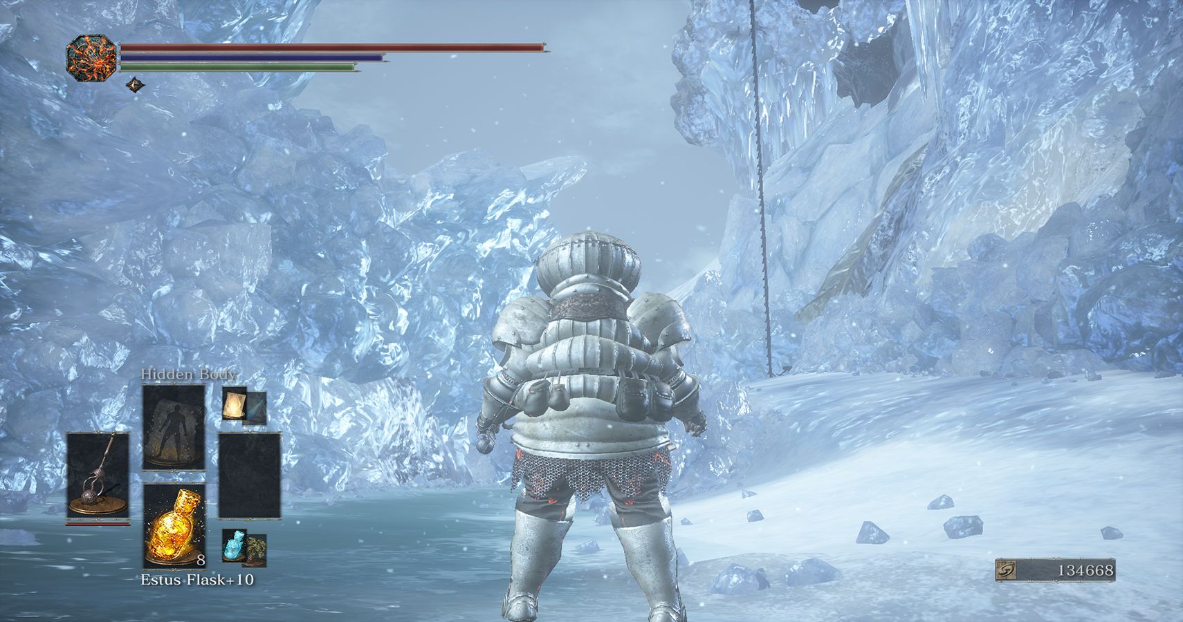 player standing on ice looking at ladder leading up a ledge