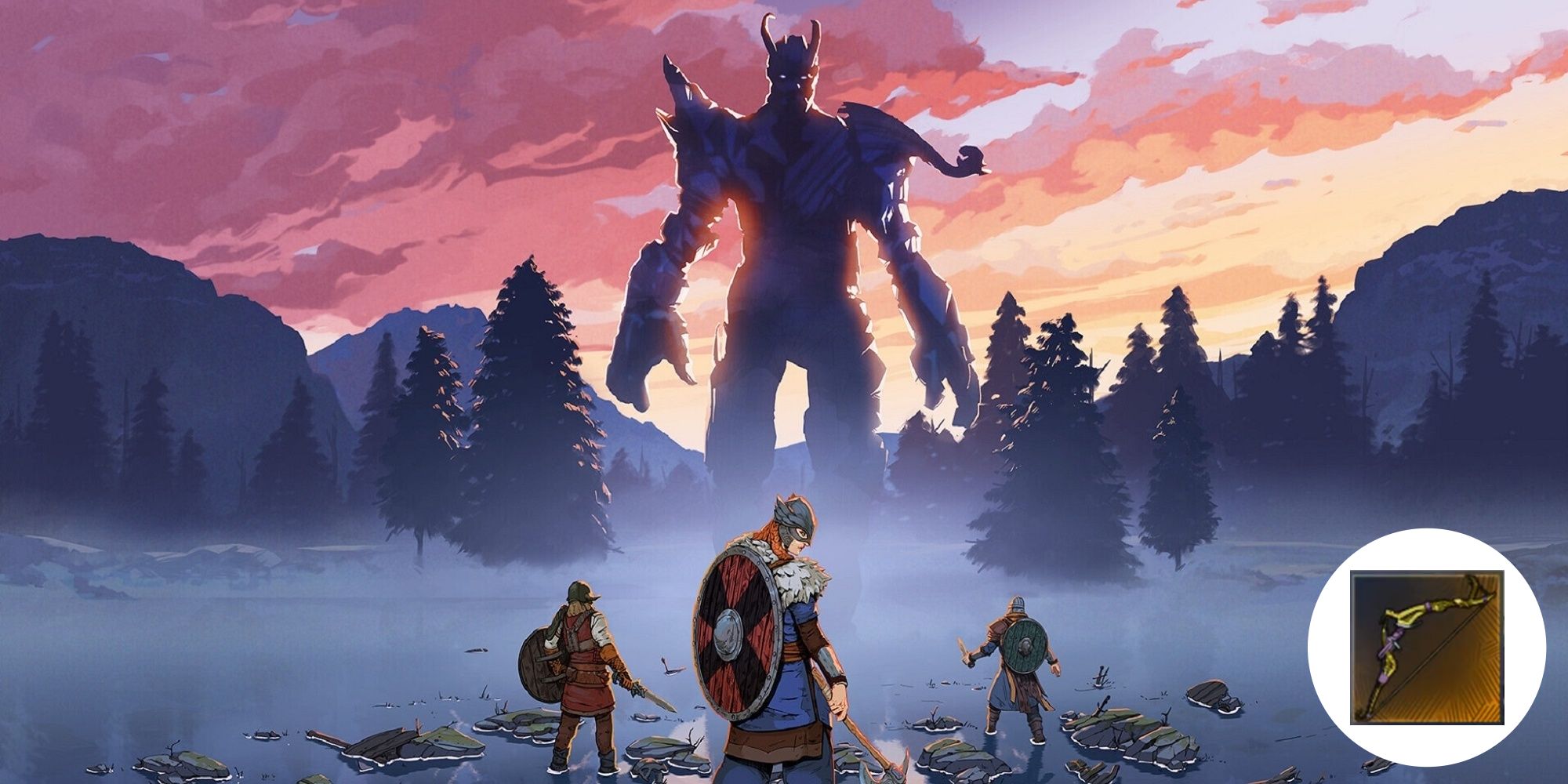 Three fighters standing in front of a giant in a foggly valley with orange sun peaking through mountains on both sides