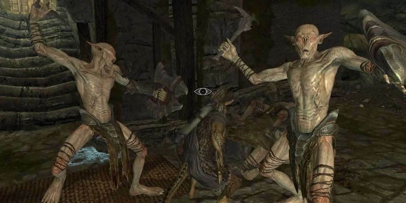 A group of Falmer snow elves fighting