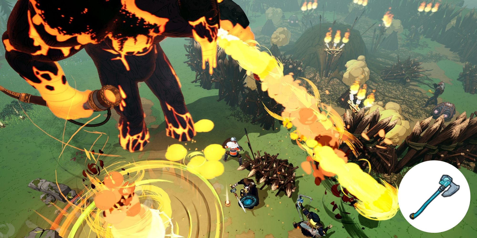 Players fighting a fire giant as it approaches their village surrounded by wooden palisades