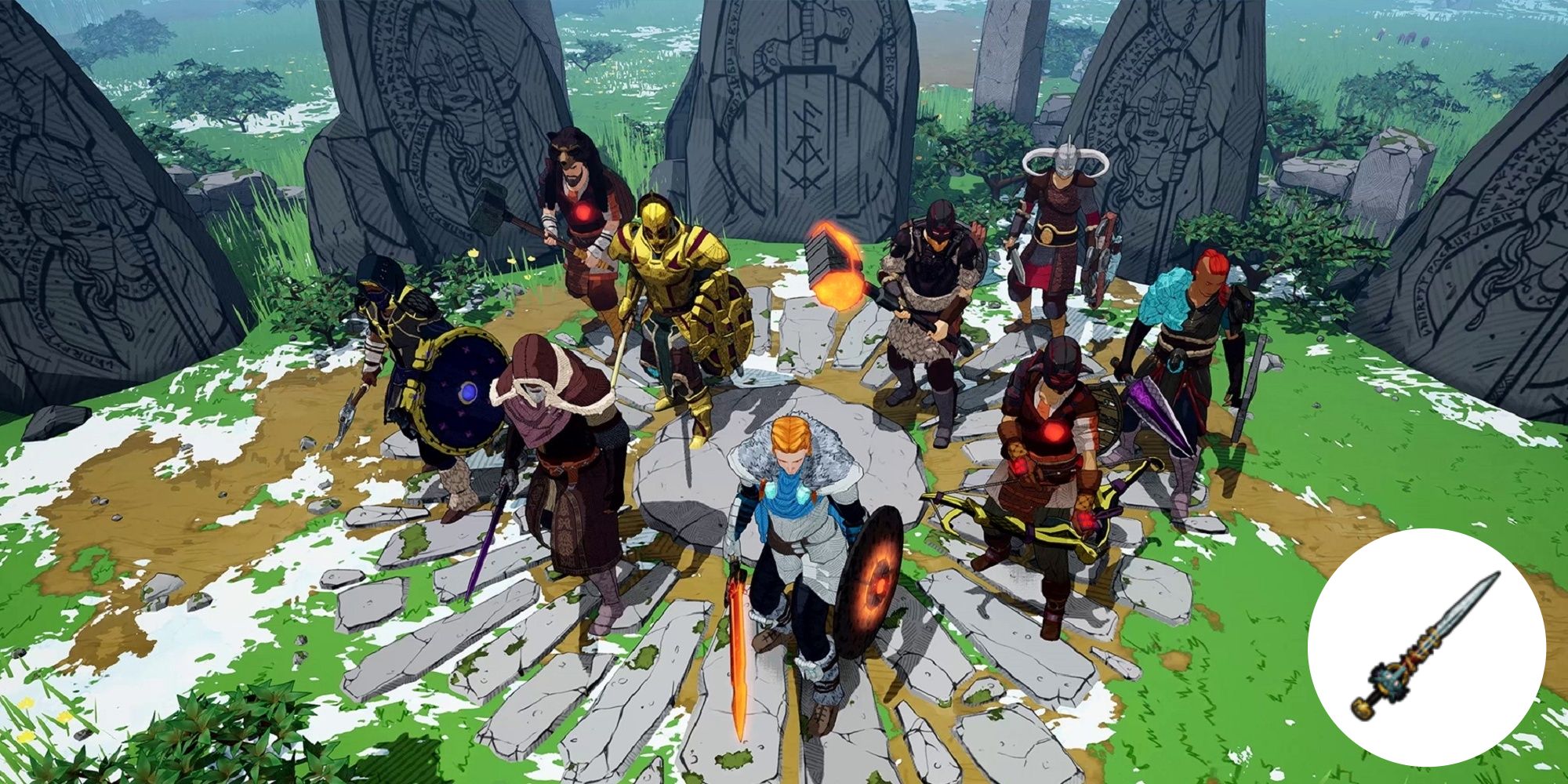 A group of fighters standing together in the middle of a stone circle holding various powerful swords, hammers, and axes