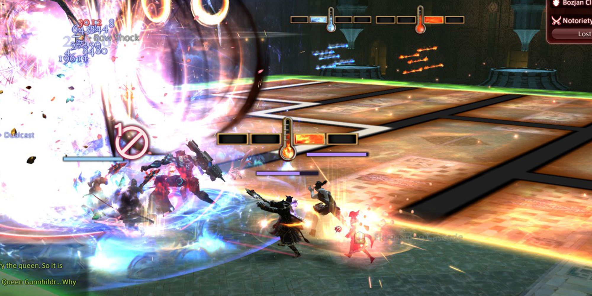 trinity avowed using flames of bozja to create arrows of fire and ice that are traced on the ground in delubrum reginae