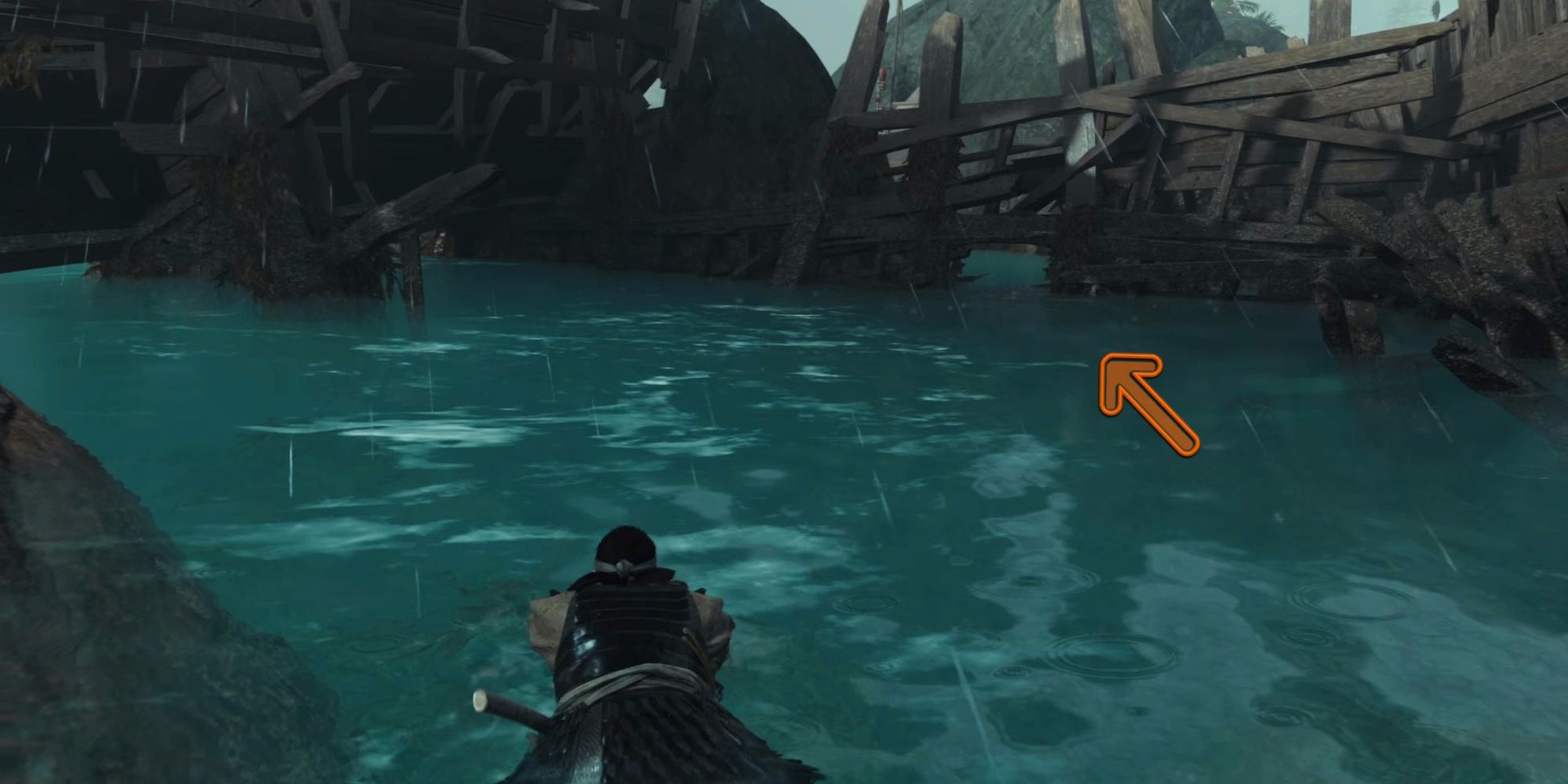ghost of tsushima swimming through water in wreck