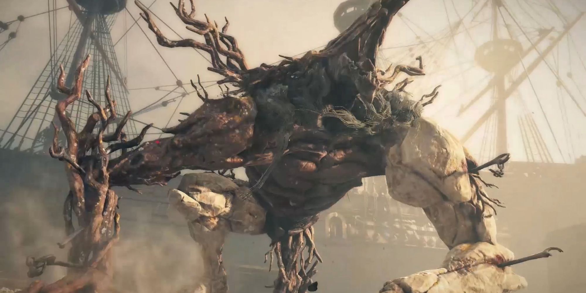 A big enemy with rock and flesh parts standing in front of a ship in Greedfall.