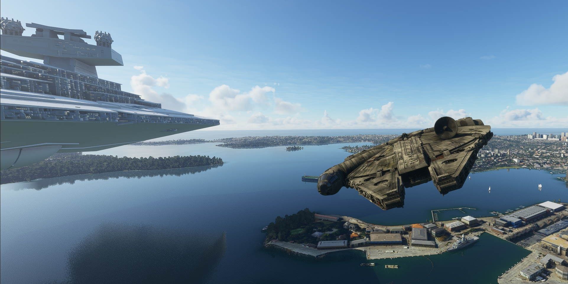 The Millenium Falcon flying beside a Star Destroyer in Microsoft Flight Simulator