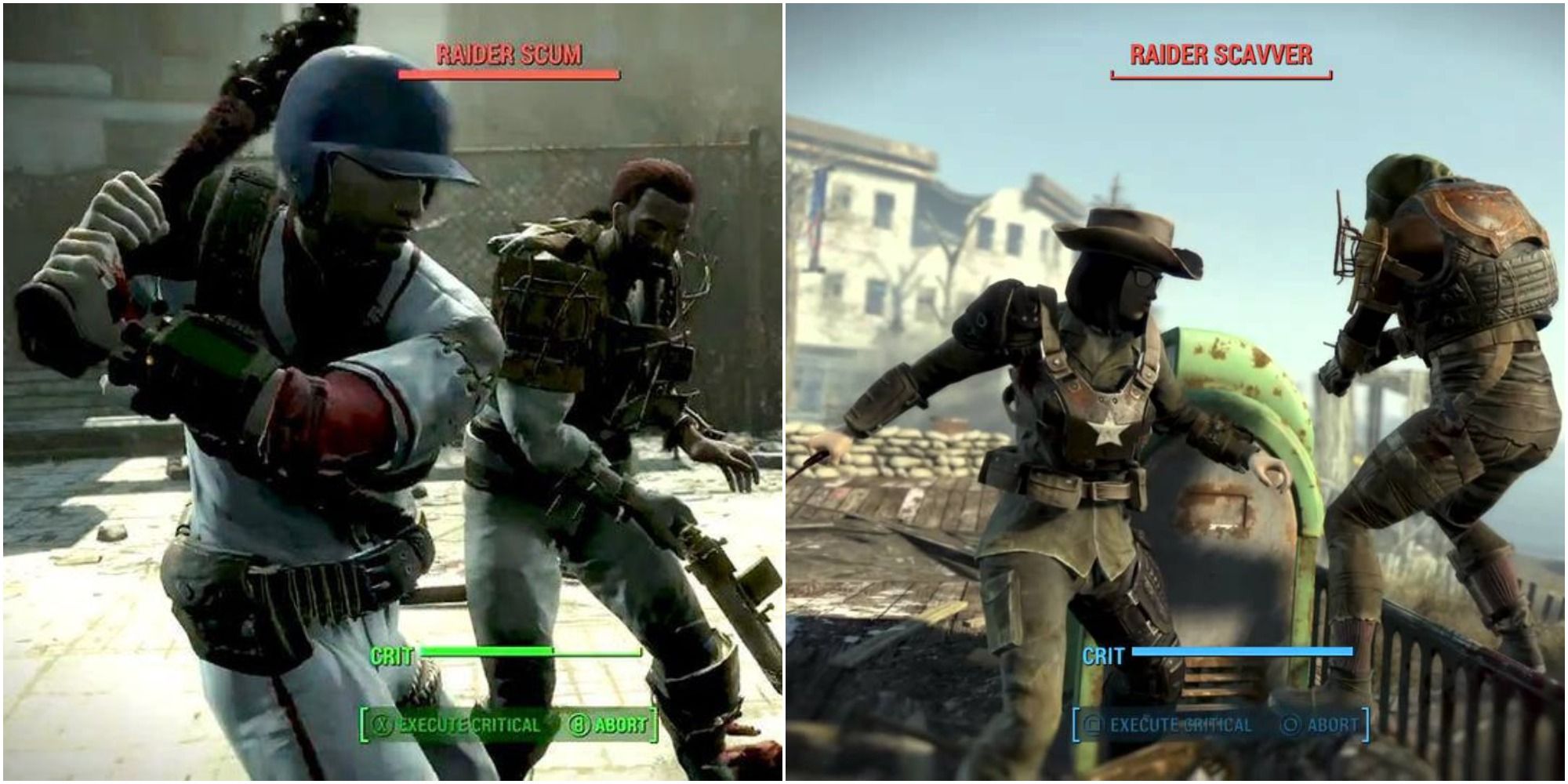 Split image of a player in a baseball outfit wielding a bat as a weapon and another image of a cowboy-like player wielding a sword in Fallout 4