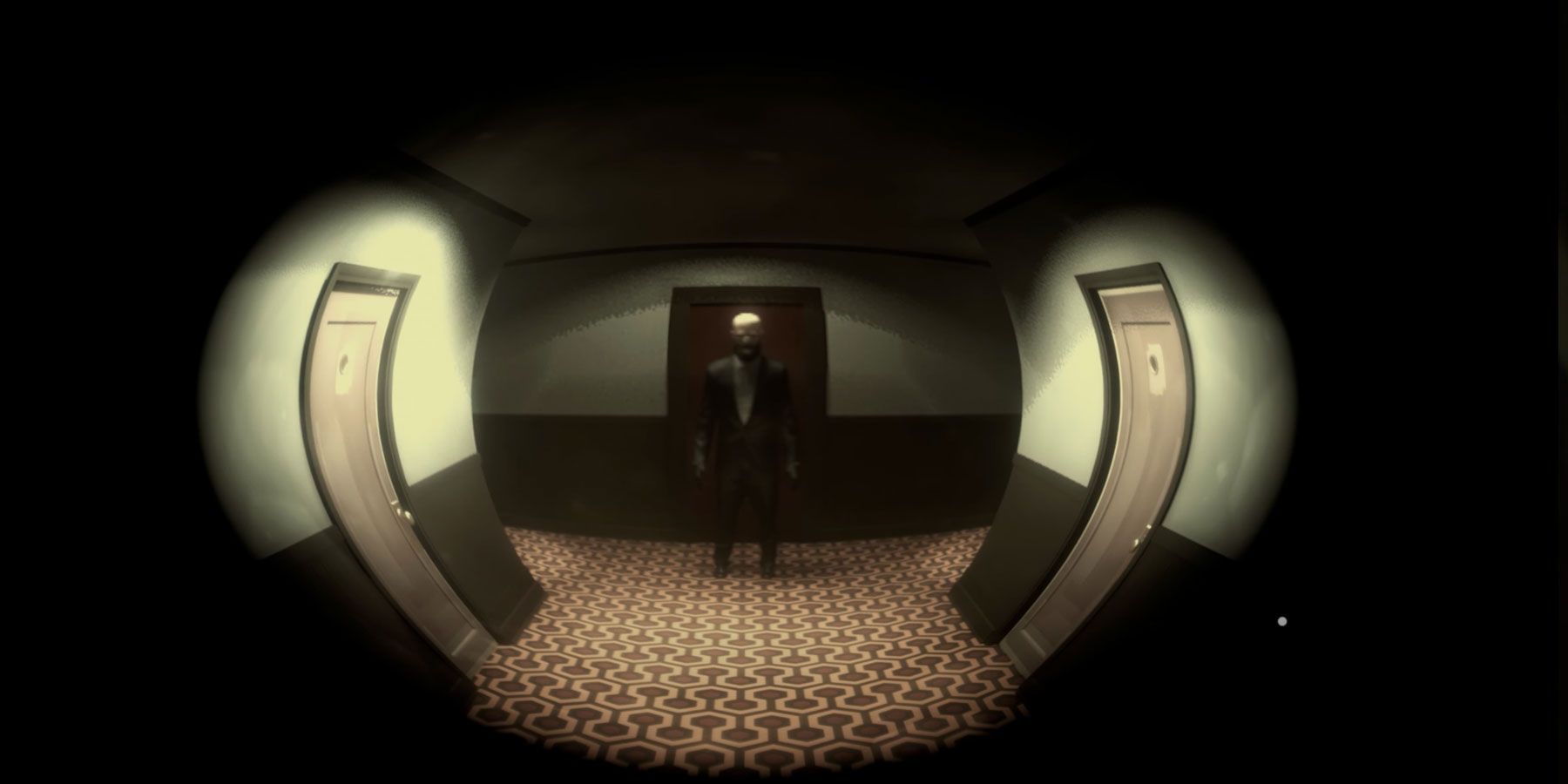 A screenshot showing the cop through a peephole in Twelve Minutes