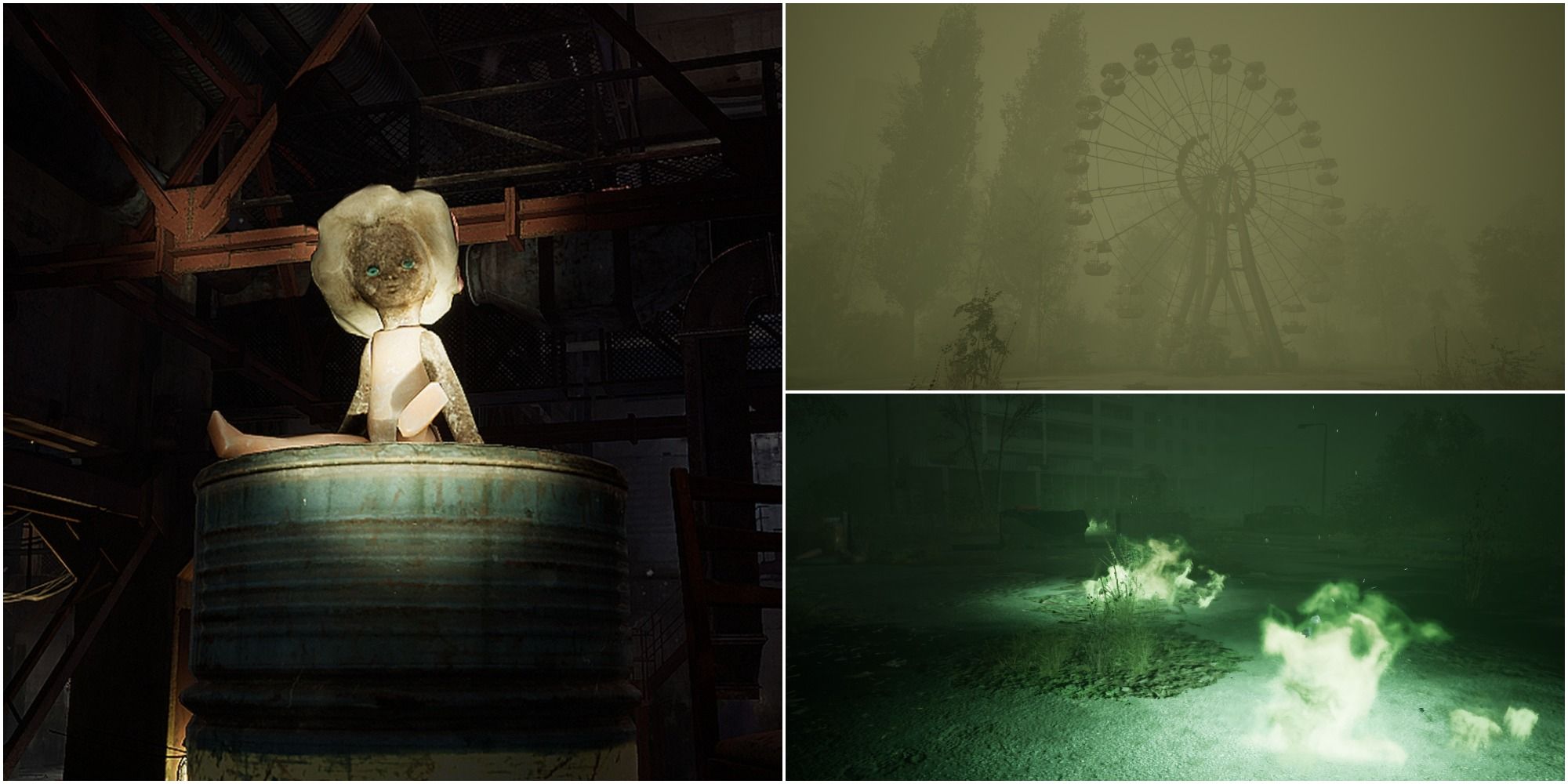 Chernobylite Split image  Various Scary Things And Locations In The Game doll placed high in room and two dark outdoor locations