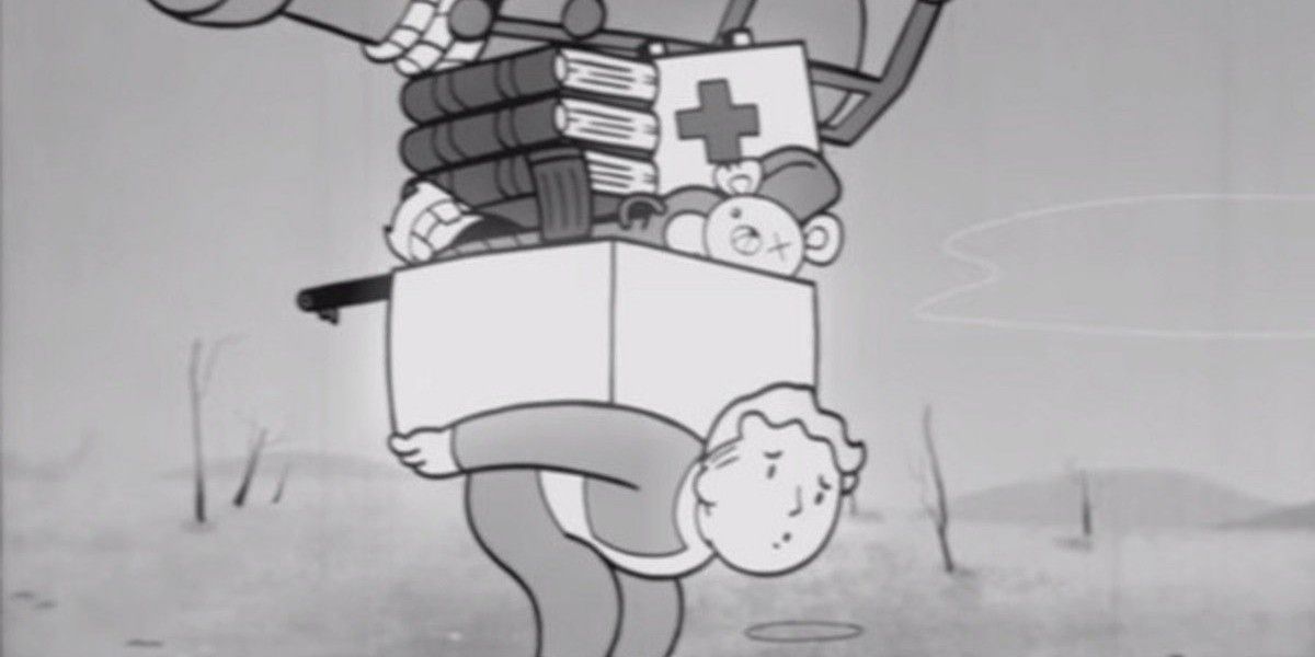 Vault-boy carrying a lot of junk on his back.