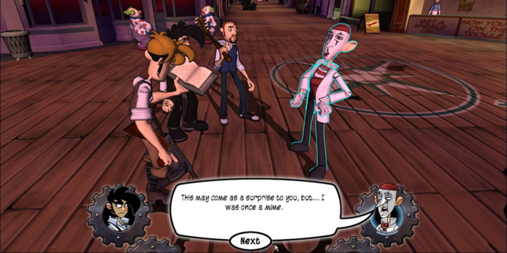A cutscene featuring characters from Penny Arcade Adventures