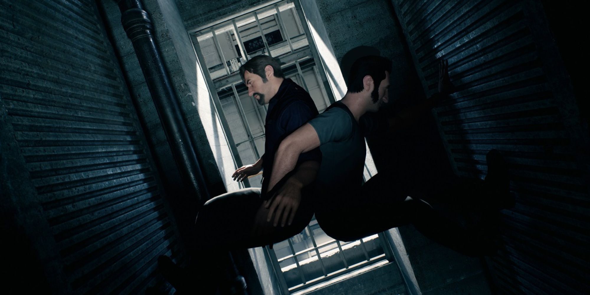 A Way Out Screenshot Of Leo and Vincent Climbing A Wall