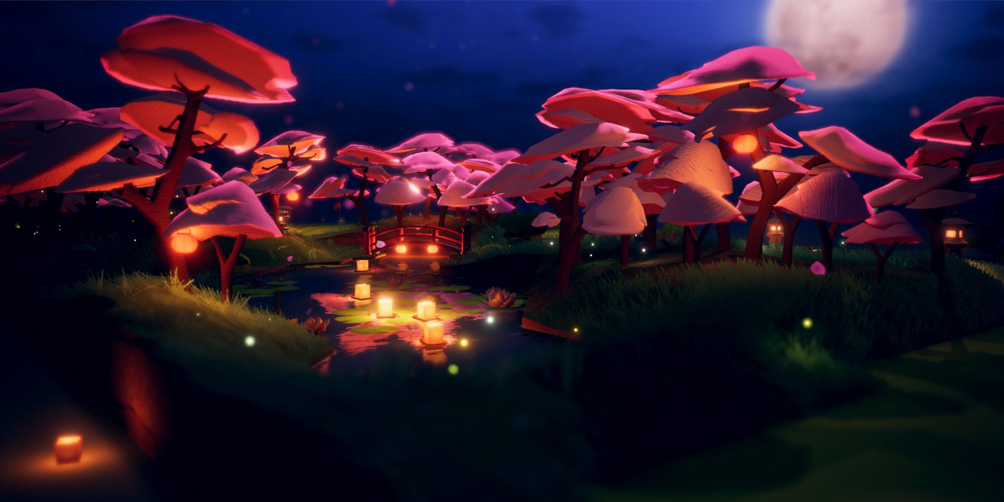 A little golf journey pink blossom forest at night with a stream lit by moonlight