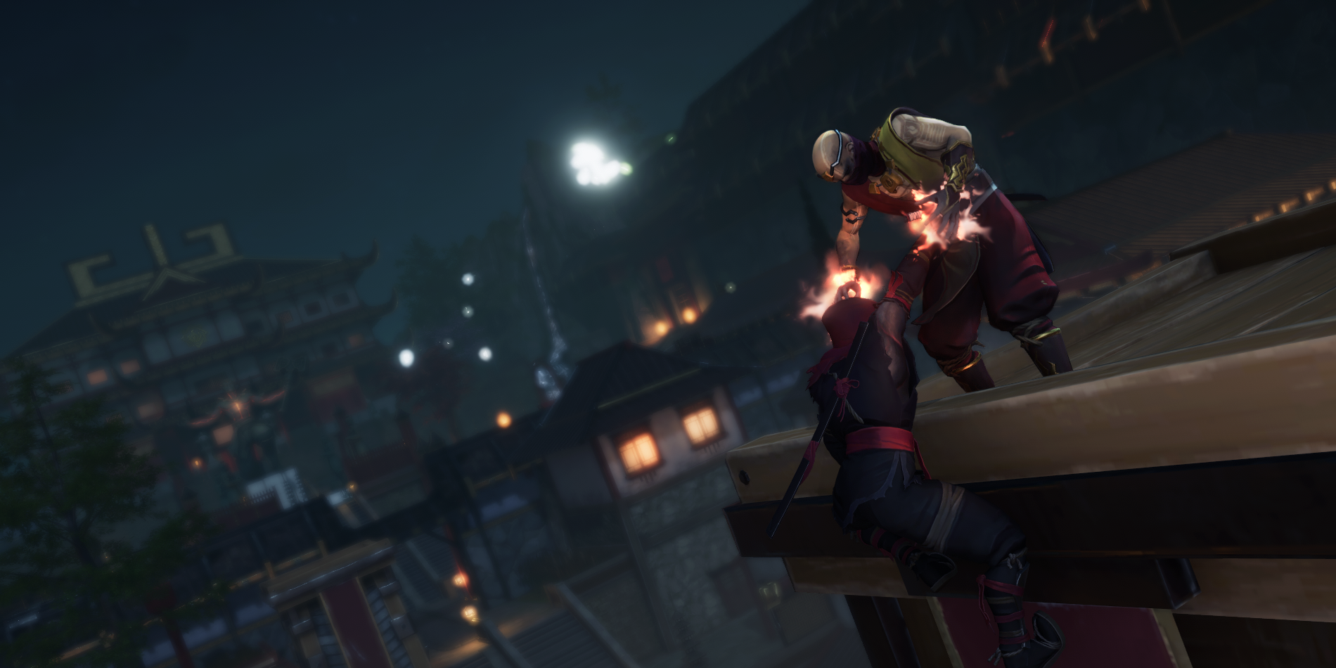 Aragami 2 Aragami performing a ledge kill with a city in the background