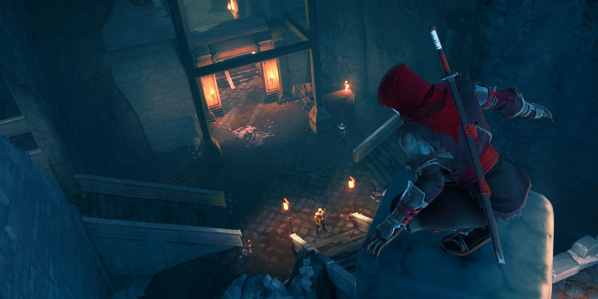 Aragami 2 Aragami standing on a pillar overlooking patrolling enemies