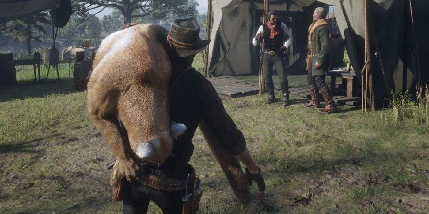 Arthur Morgan carrying dead cougar in Red Dead Redemption 2