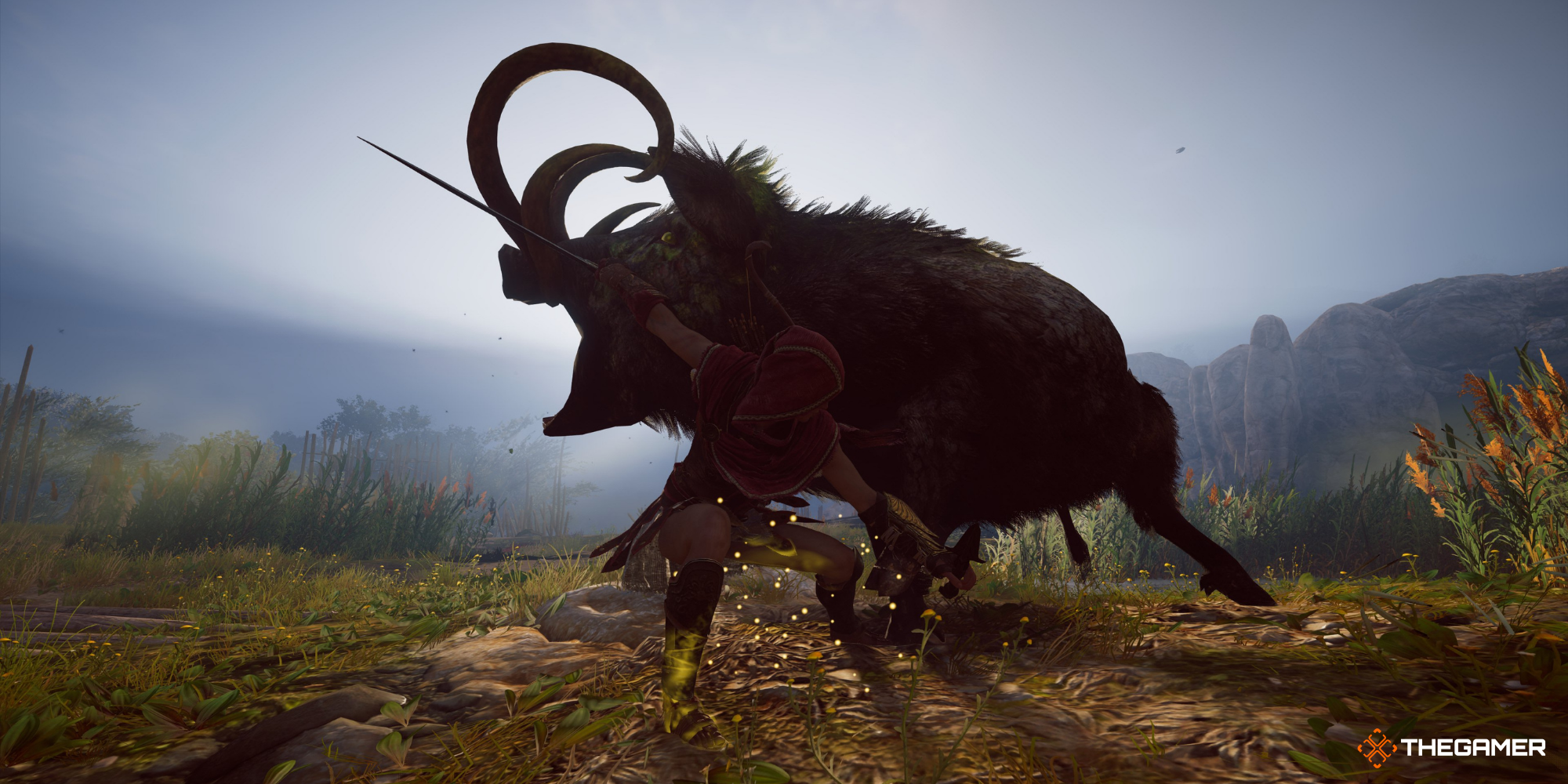 Assassin's Creed Odyssey - Kassandra attacking the Erymanthian Boar with a sword