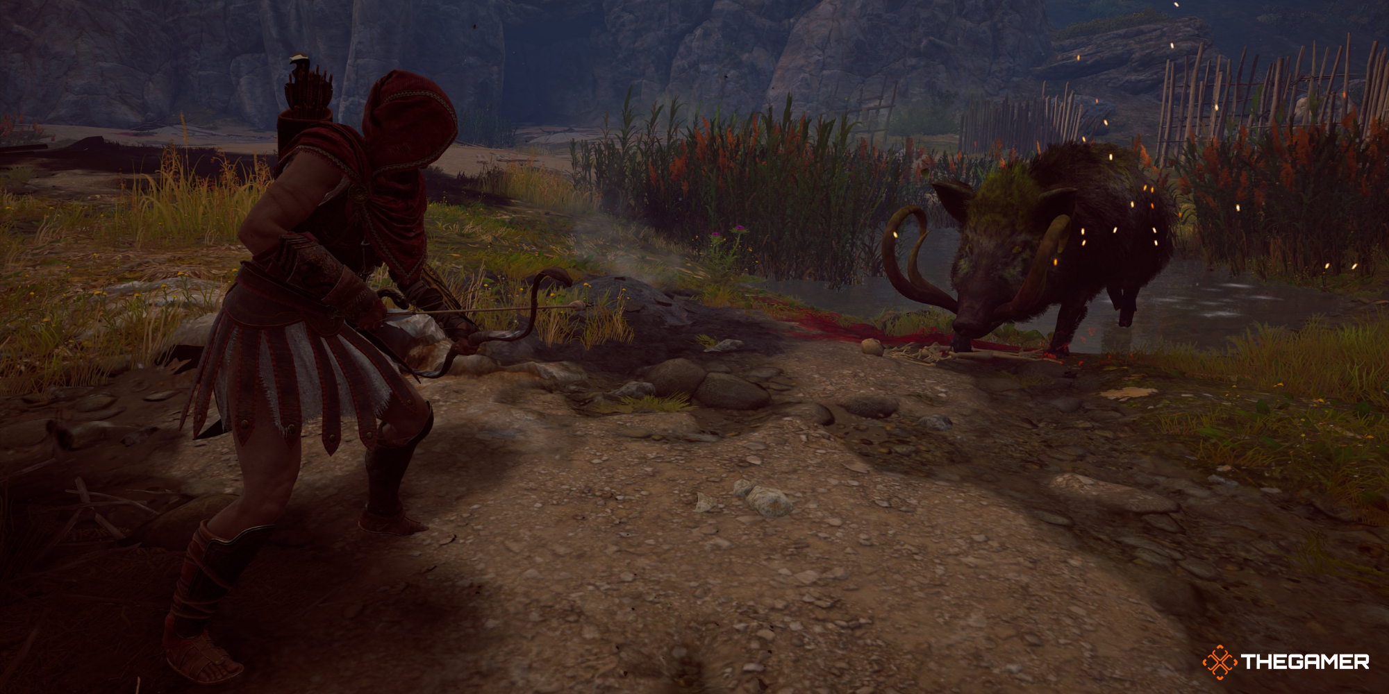 Assassin's Creed Odyssey - Kassandra facing the Erymanthian Boar with a bow