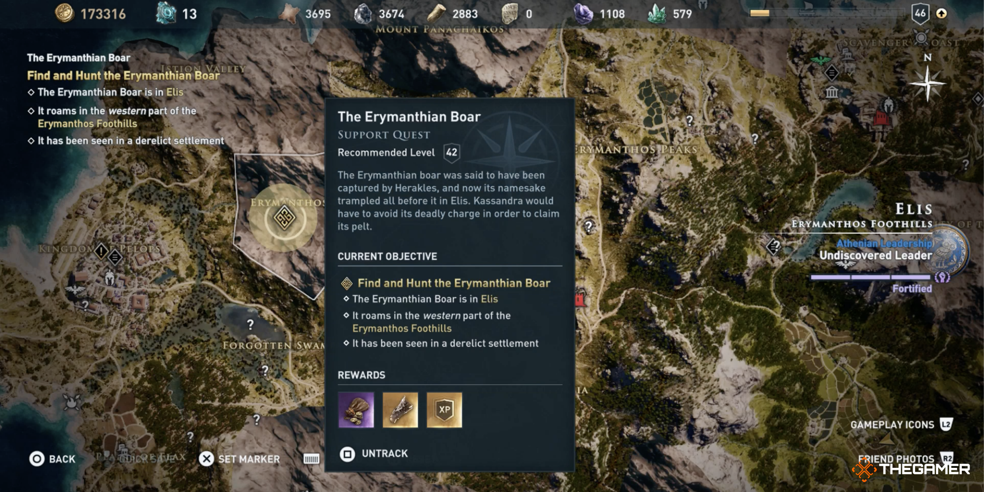 Assassin's Creed Odyssey - map with the location of The Erymanthian Boar marked