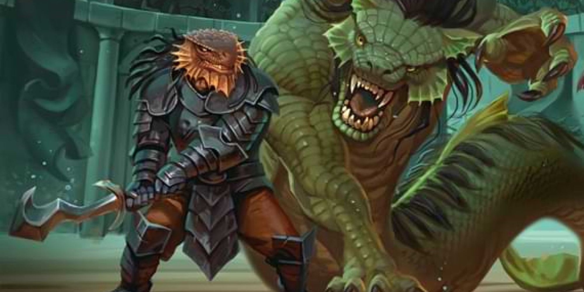 A dragonborn fighter facing off against a large monster in Dungeons & Dragons