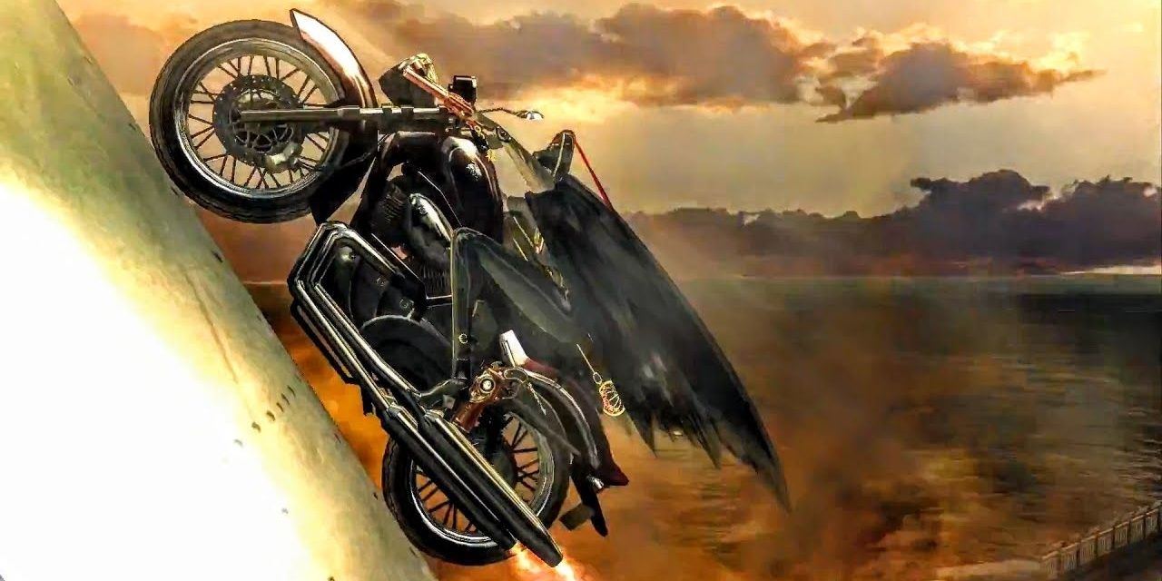 Bayonetta riding a motorcycle diagonally up a rocket with the sun setting in the background