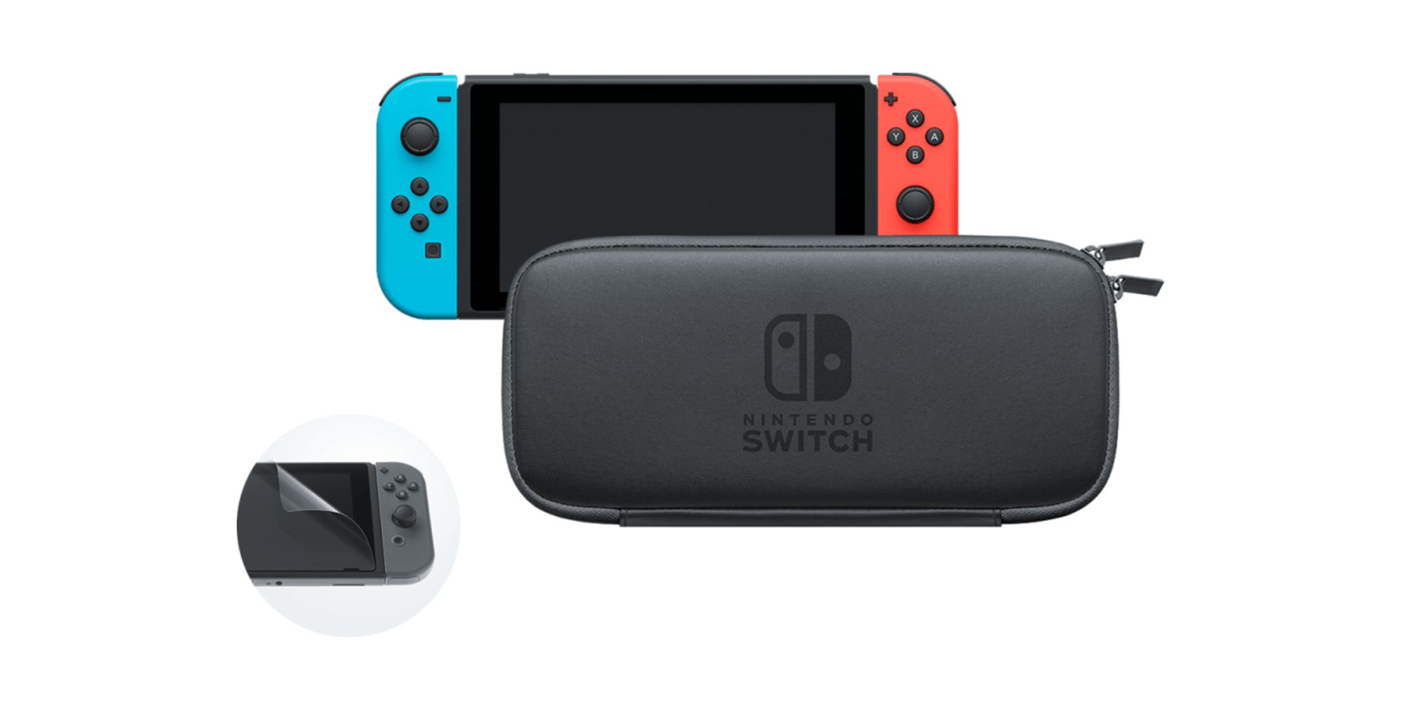 Switch Accessories close up of a Carrying Case and Screen Protector in front of a red and blue Switch