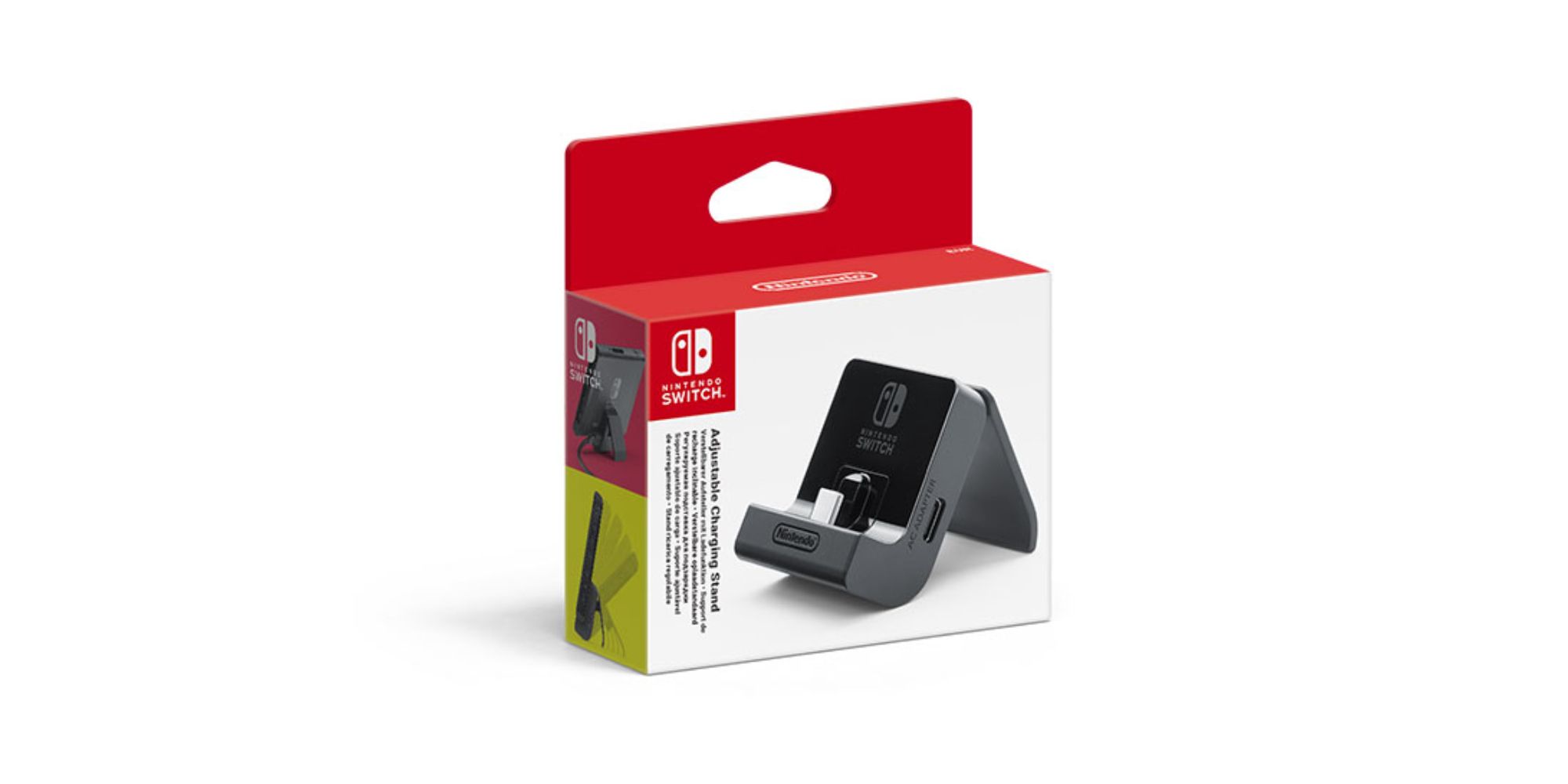 Switch Accessories a close up of the Nintendo Switch Adjustable Charging Stand box featuring a black adjustable charging stand