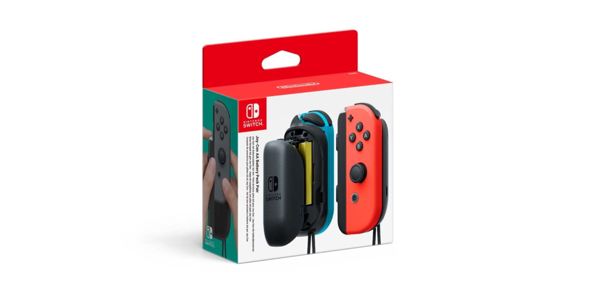 Switch Accessories close up of a Joy-Con Battery Pack box featuring a red and blue Joy-Con with a battery pack