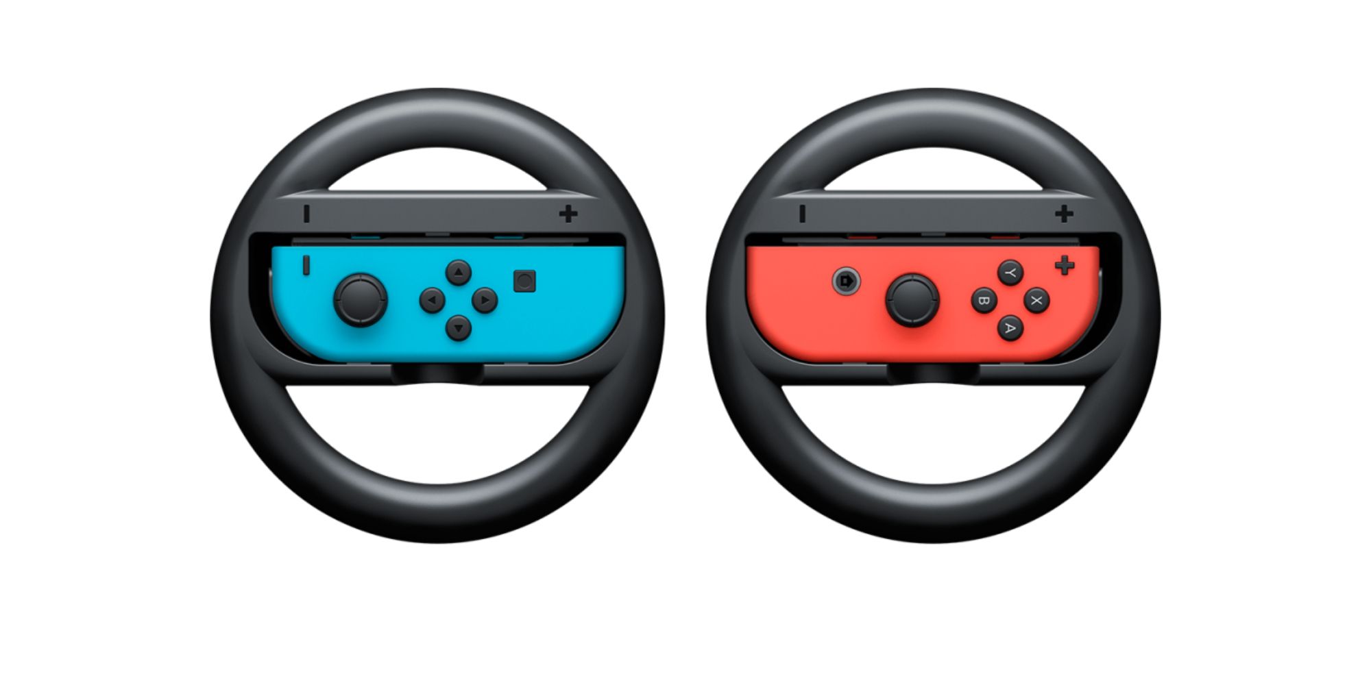 Switch Accessories a blue Joy-Con on the left and a red Joy-Con on the right each inside of a Joy-Con Wheel
