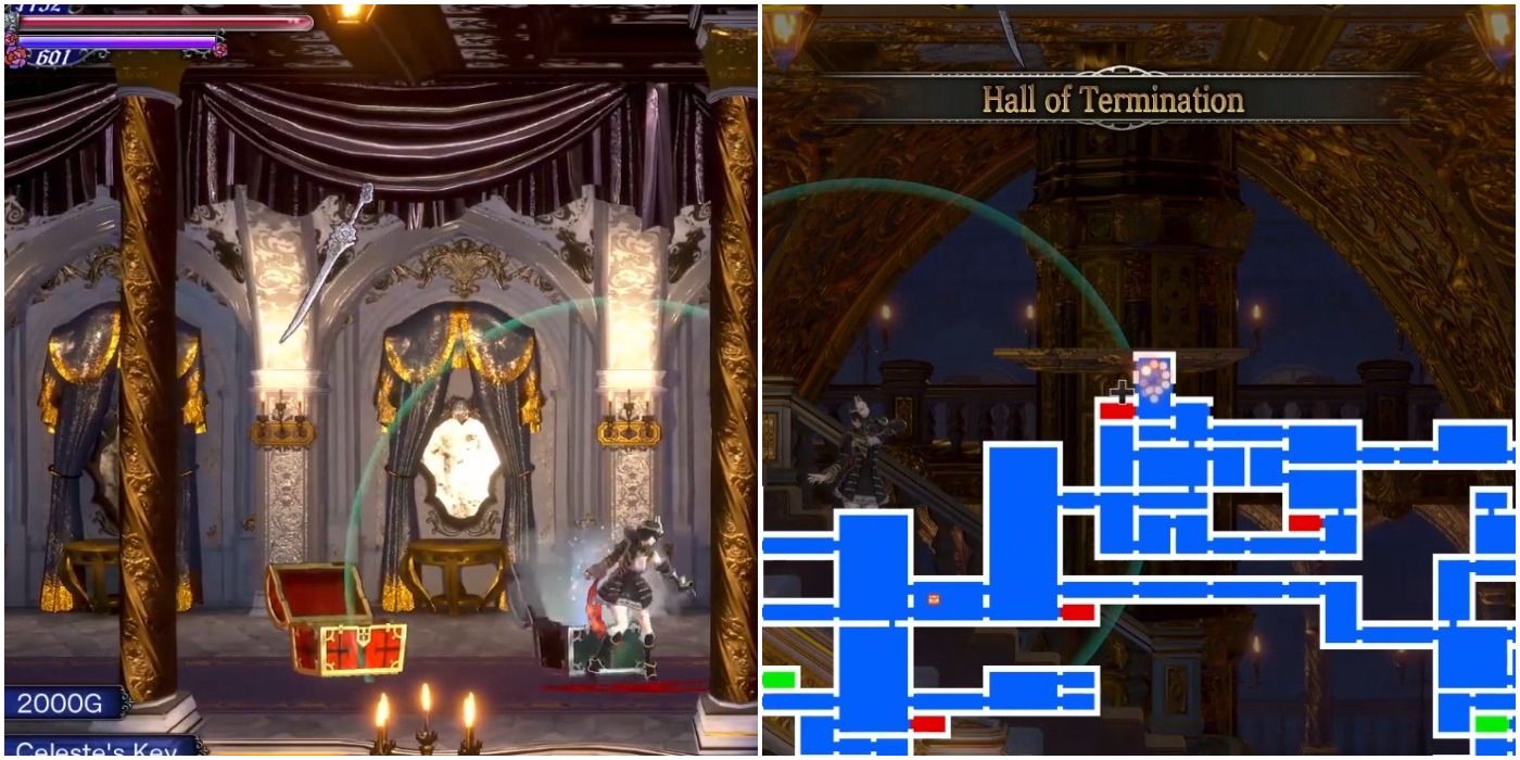 Split image of Celeste key in chest and Hall of Termination map in Bloodstained Ritual of the Night
