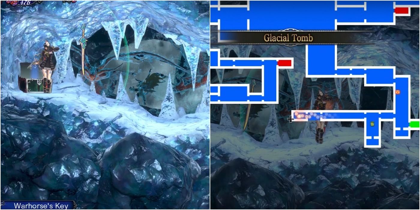 split image of icy area with Warhorse key in chest and map of Glacial Tomb  in Bloodstained Ritual of the Night