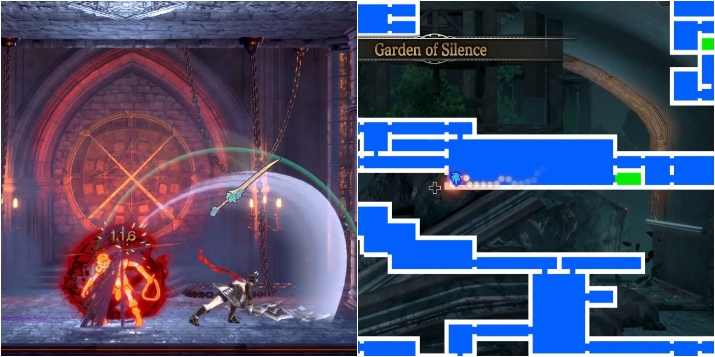 split image of Miriam fighting secret boss in dark cathedral and Garden of Silence map  in Bloodstained Ritual of the Night