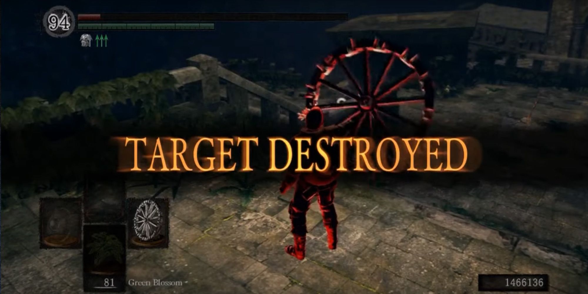 A player triumphantly waving after having won a fight with the Bonewheel Shield.