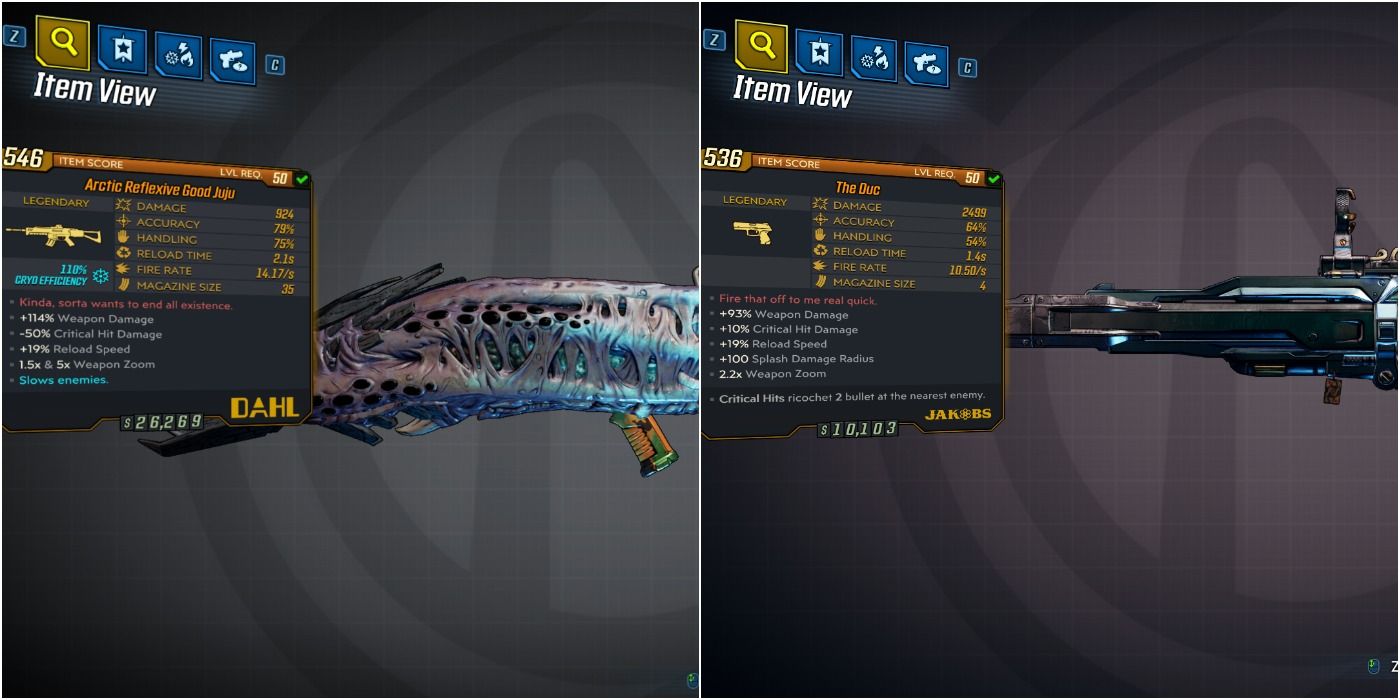 Borderlands 3 split image of Good Juju and The Duc legendary weapons