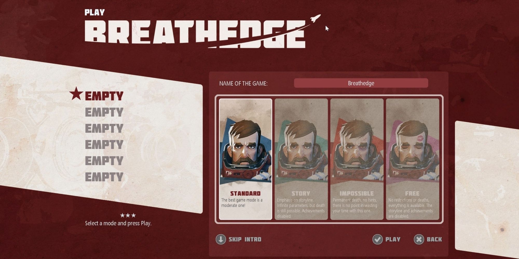 Breathedge - Difficulty mode selection screen