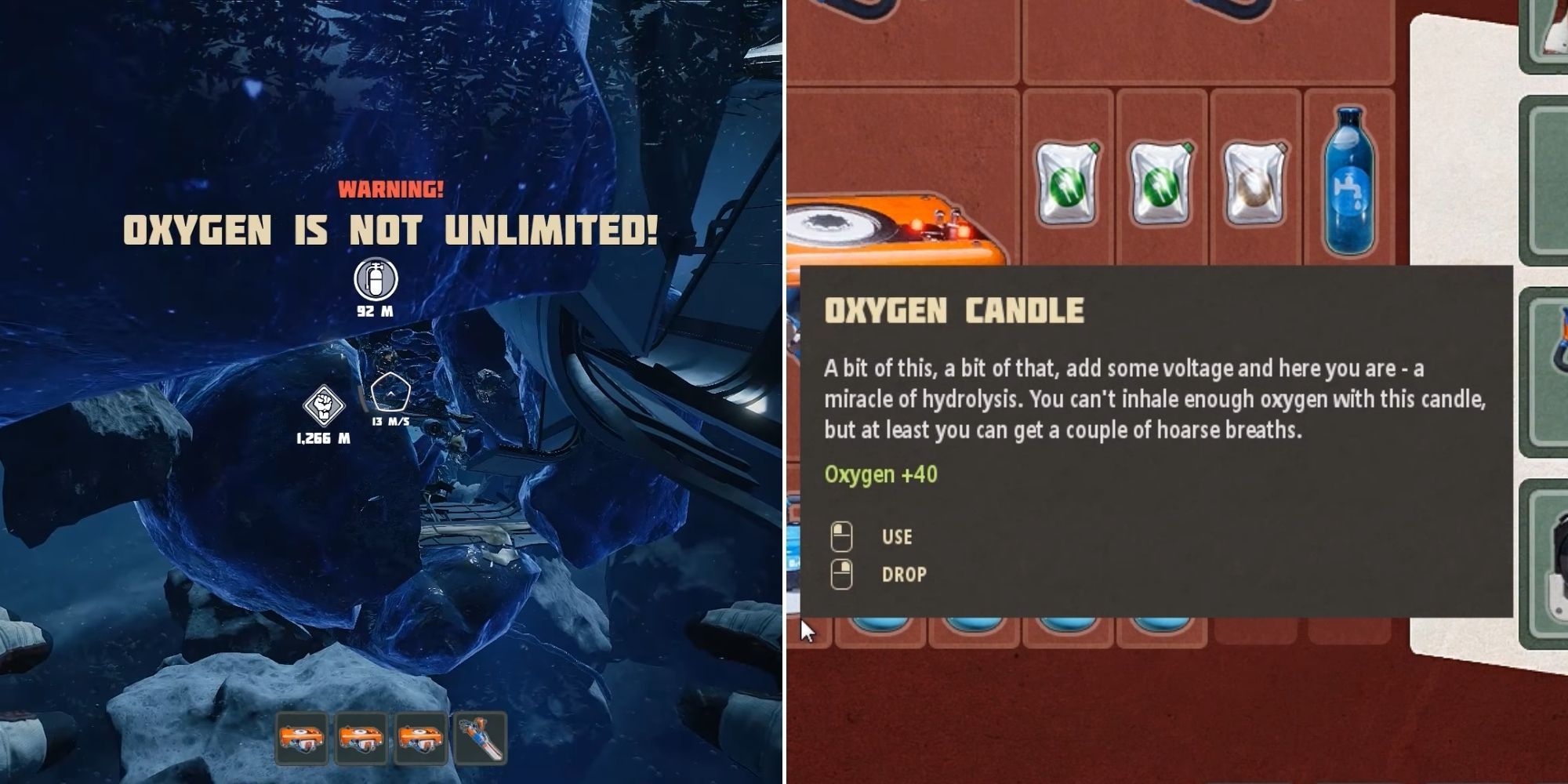 Breathedge screenshot split image left side Oxygen Is Not Unlimited Warning to player in space right side oxygen candle in player's inventory