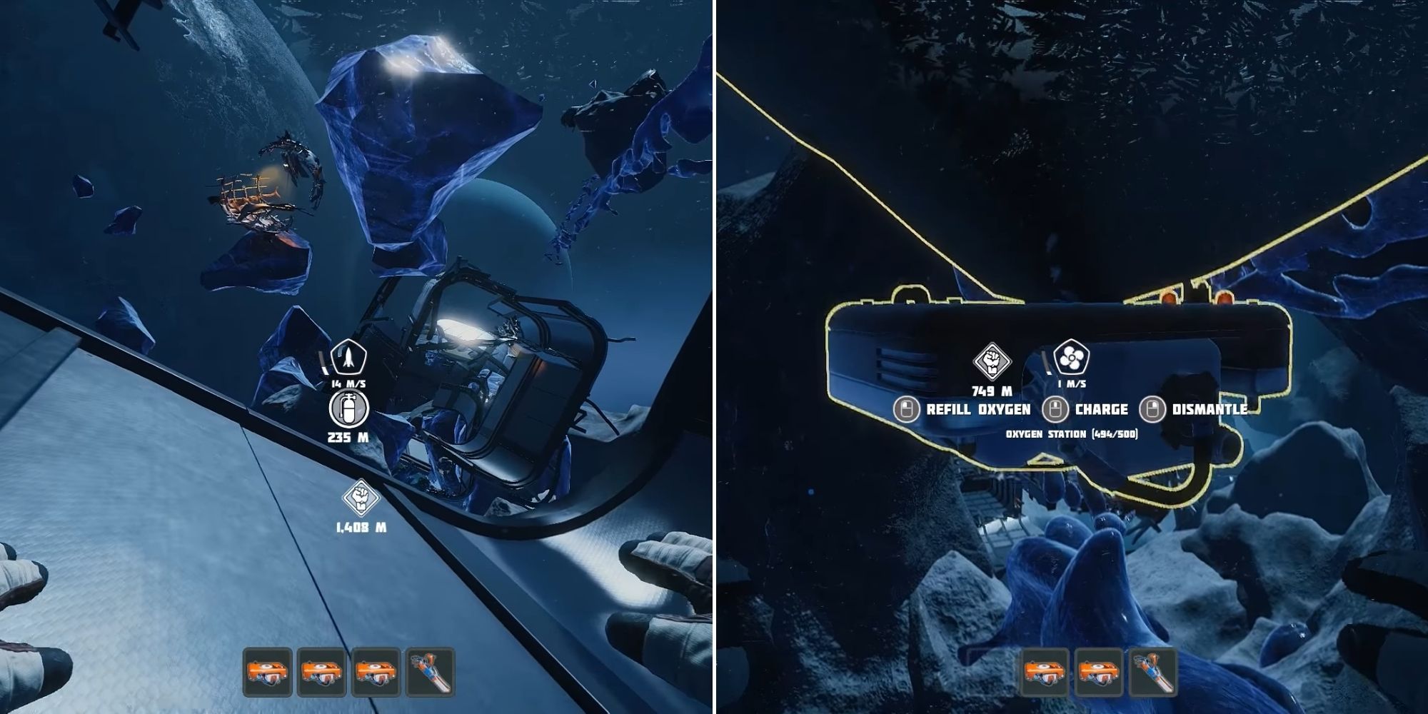 Breathedge screenshot split image left side player floating in space to oxygen station right side player refilling oxygen