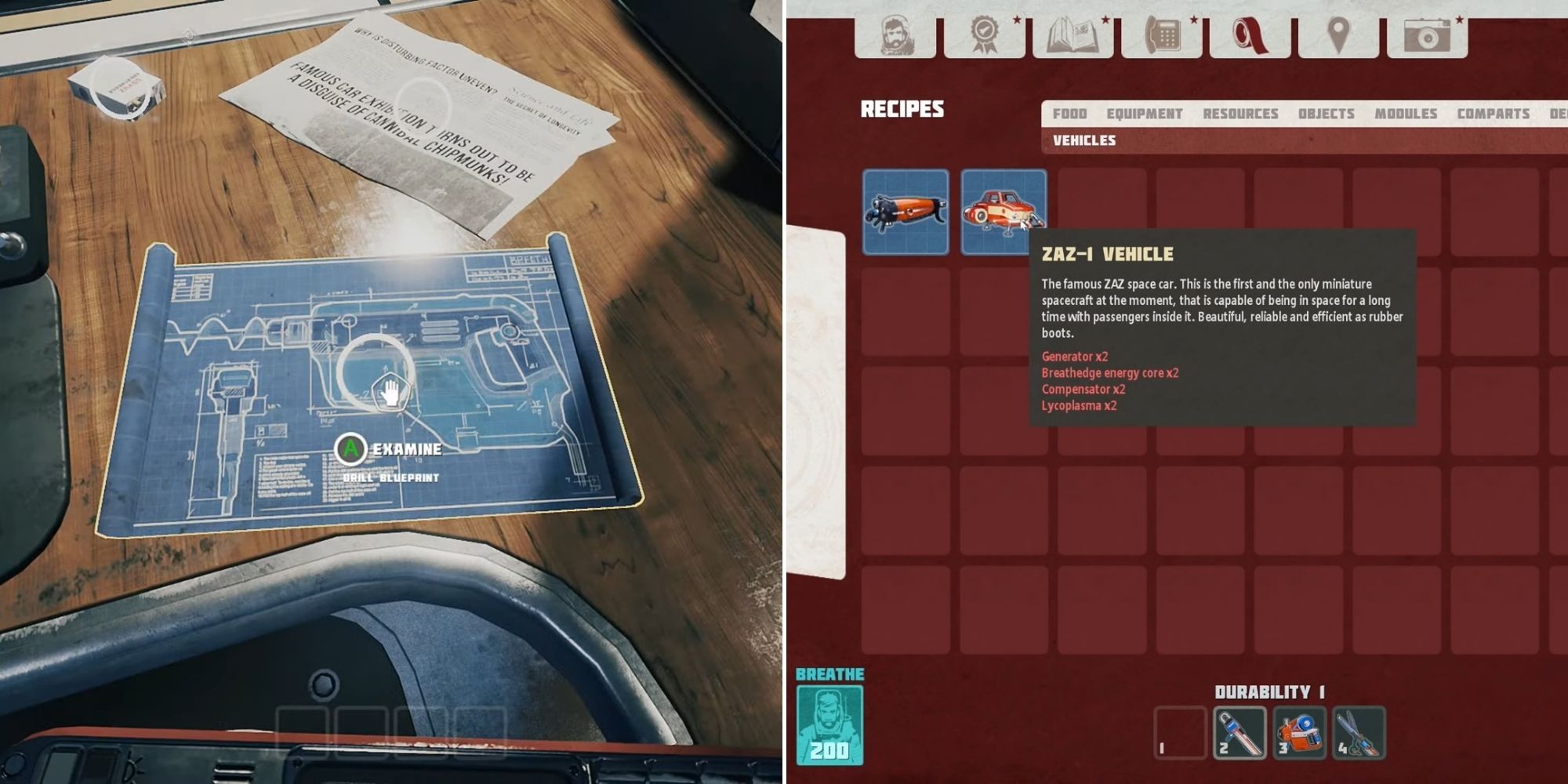 Breathedge - The Drill Blueprint - The Recipes menu and a ZAZ-1 Vehicle