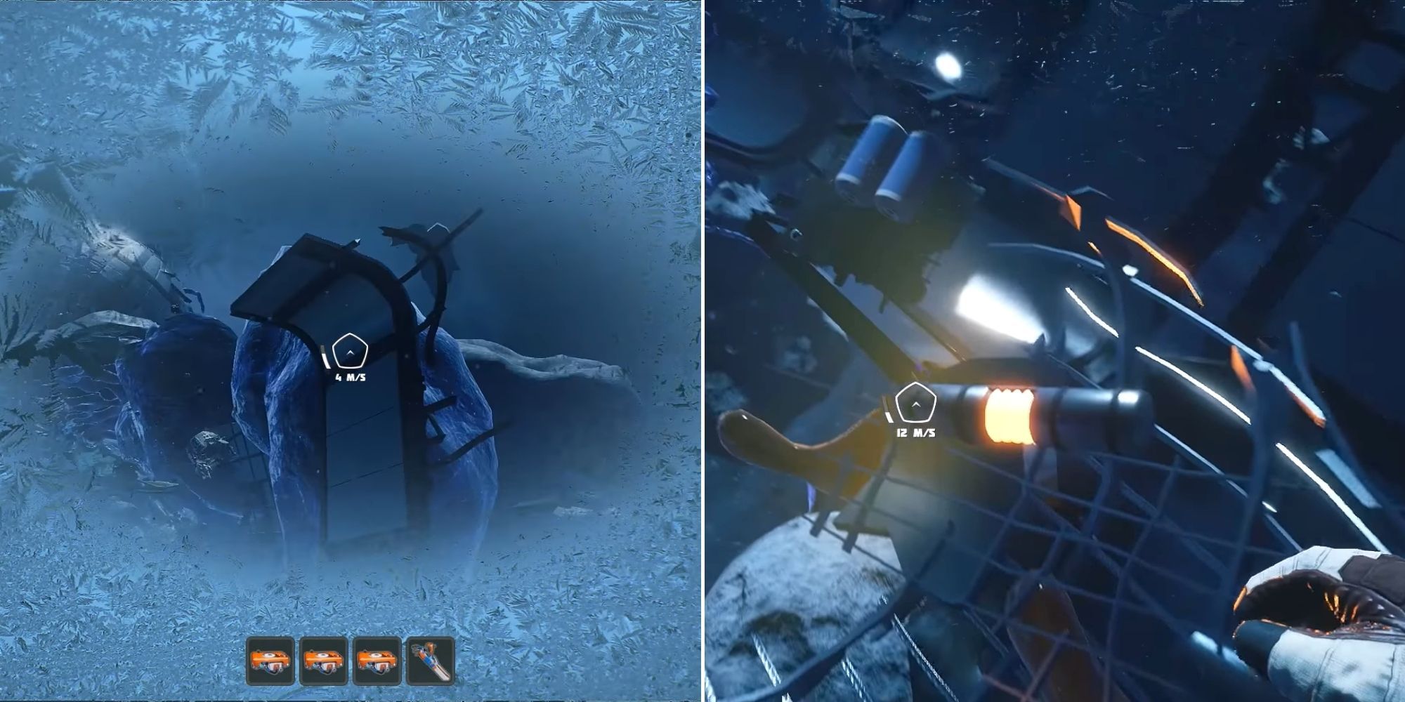 Breathedge screenshot split image left side player is freezing in space right side heat candle to warm up in space