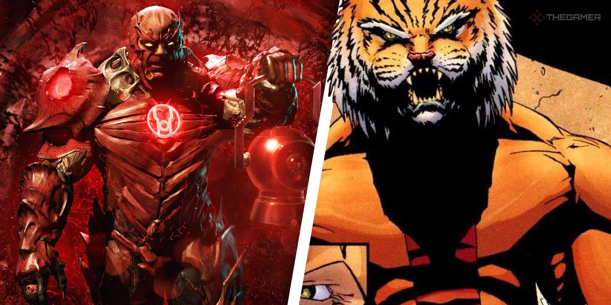 DC Atrocitus holding a glowing red lantern and Bronze Tiger posturing 