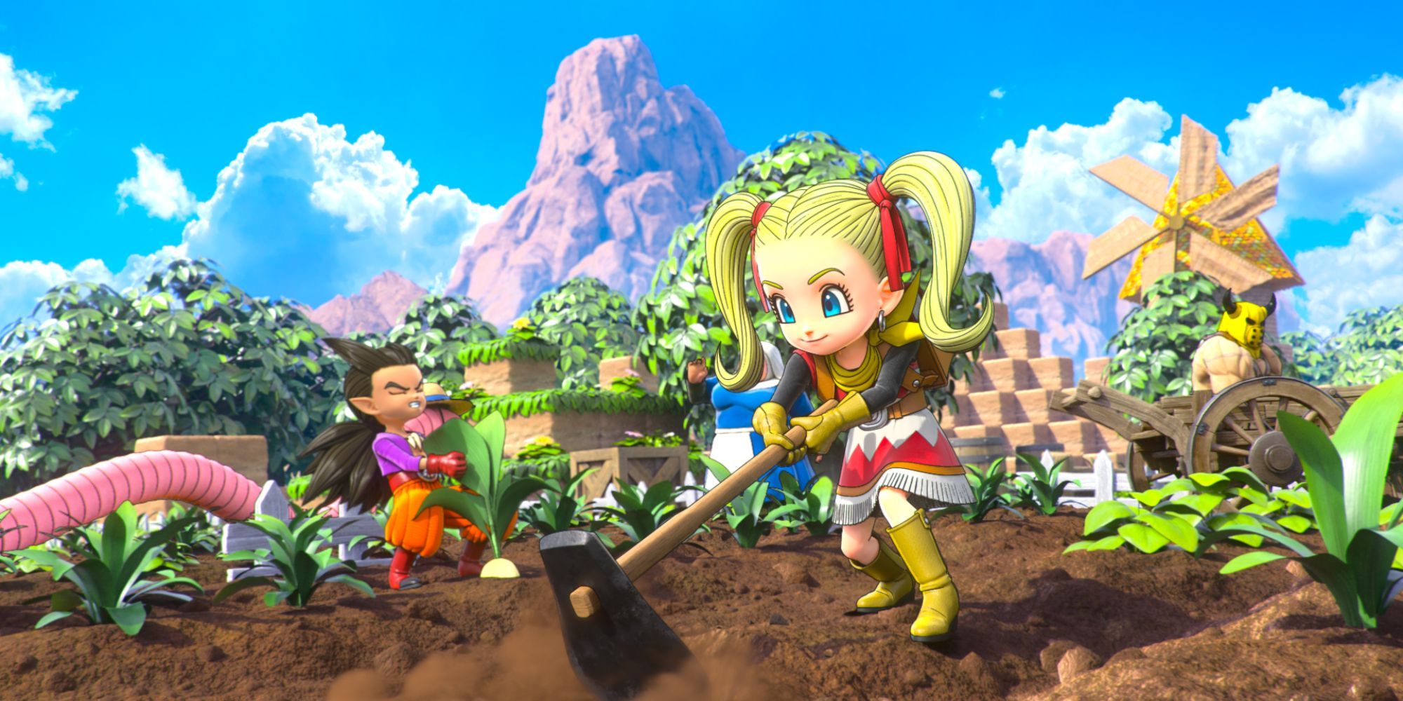 DQB2 character tilling field with mountain in background