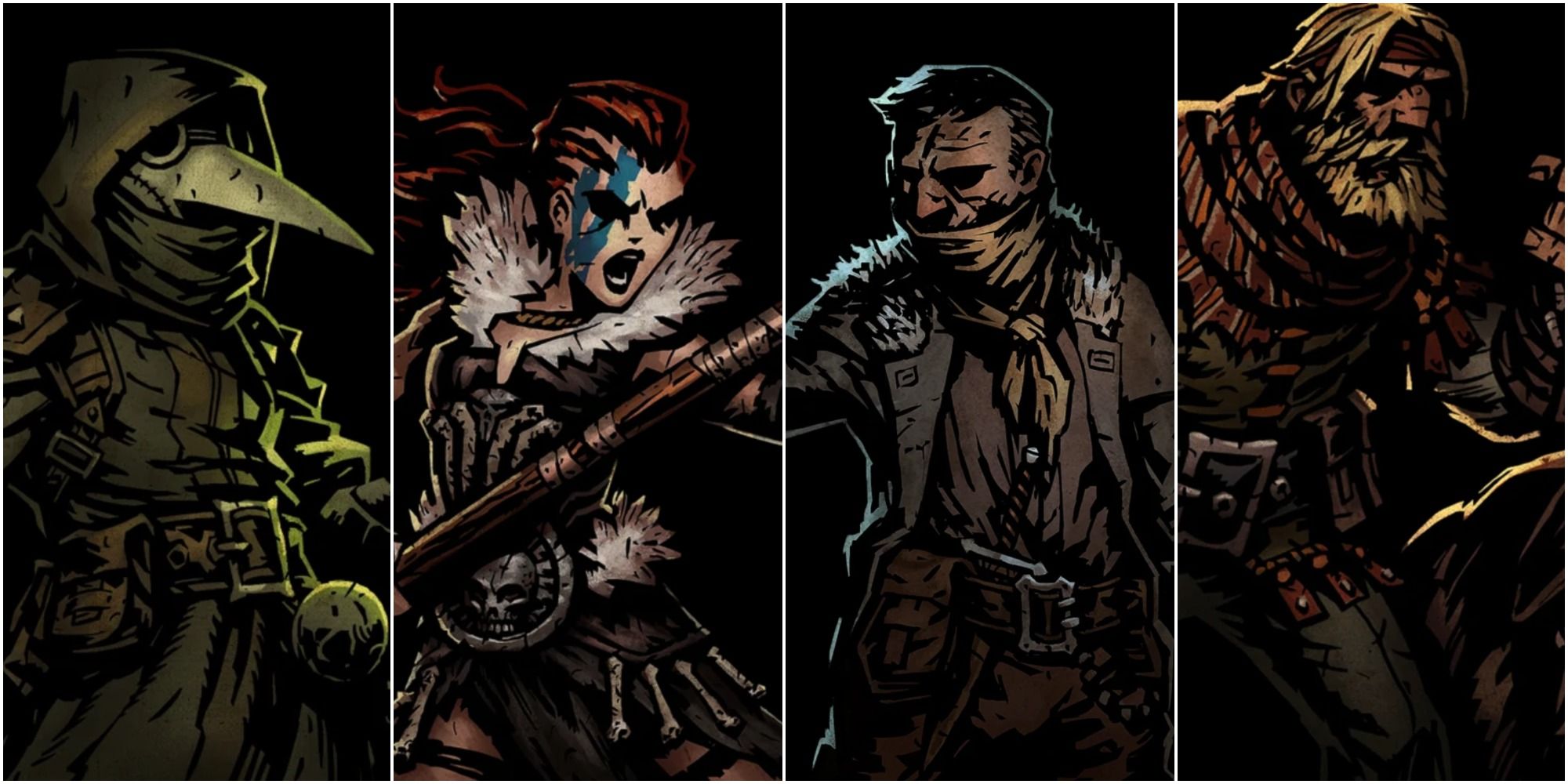 Heroes from Darkest Dungeon - Plague Doctor, Hellion, Highwayman, and Houndmaster