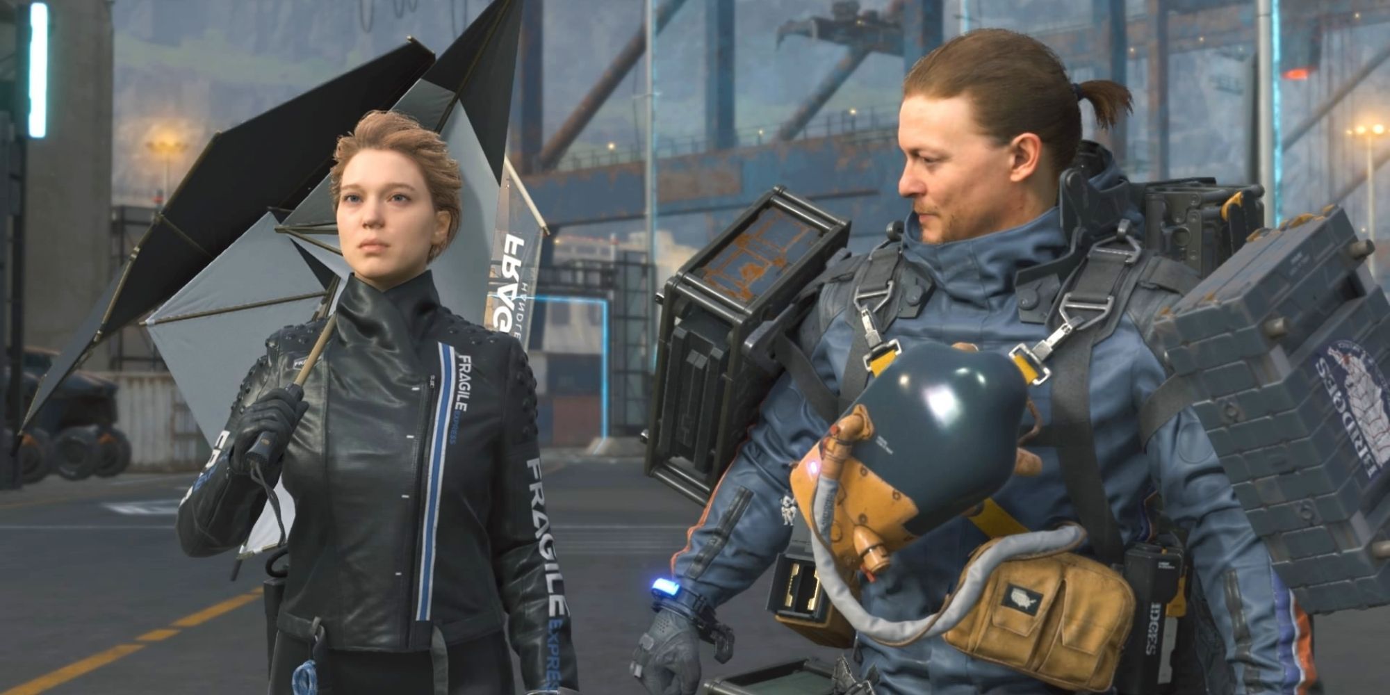 Death stranding Sam and Fragile standing next to each other  (Norman Reedus and Lea Seyodux)