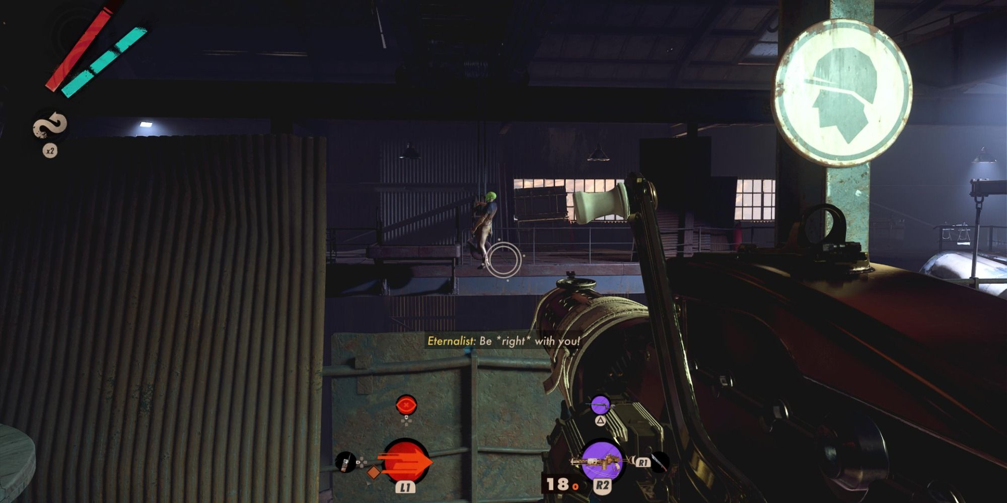 An Eternalist hanging from a hook in Deathloop