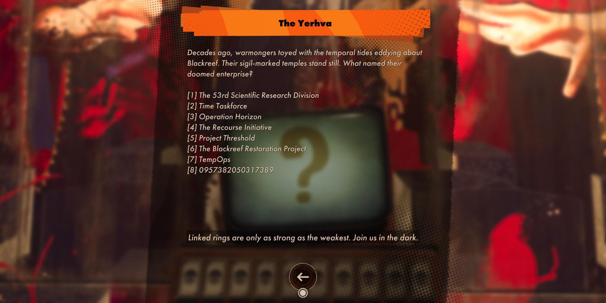 A question from The Yerhva in the Queen of Riddles in Deathloop