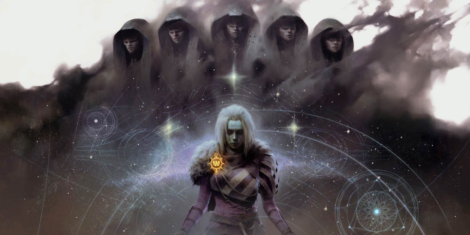Destiny 2 Season of the Lost Queen Mara Sov in the center with celestial signs around her and 5 shadowy figures above her
