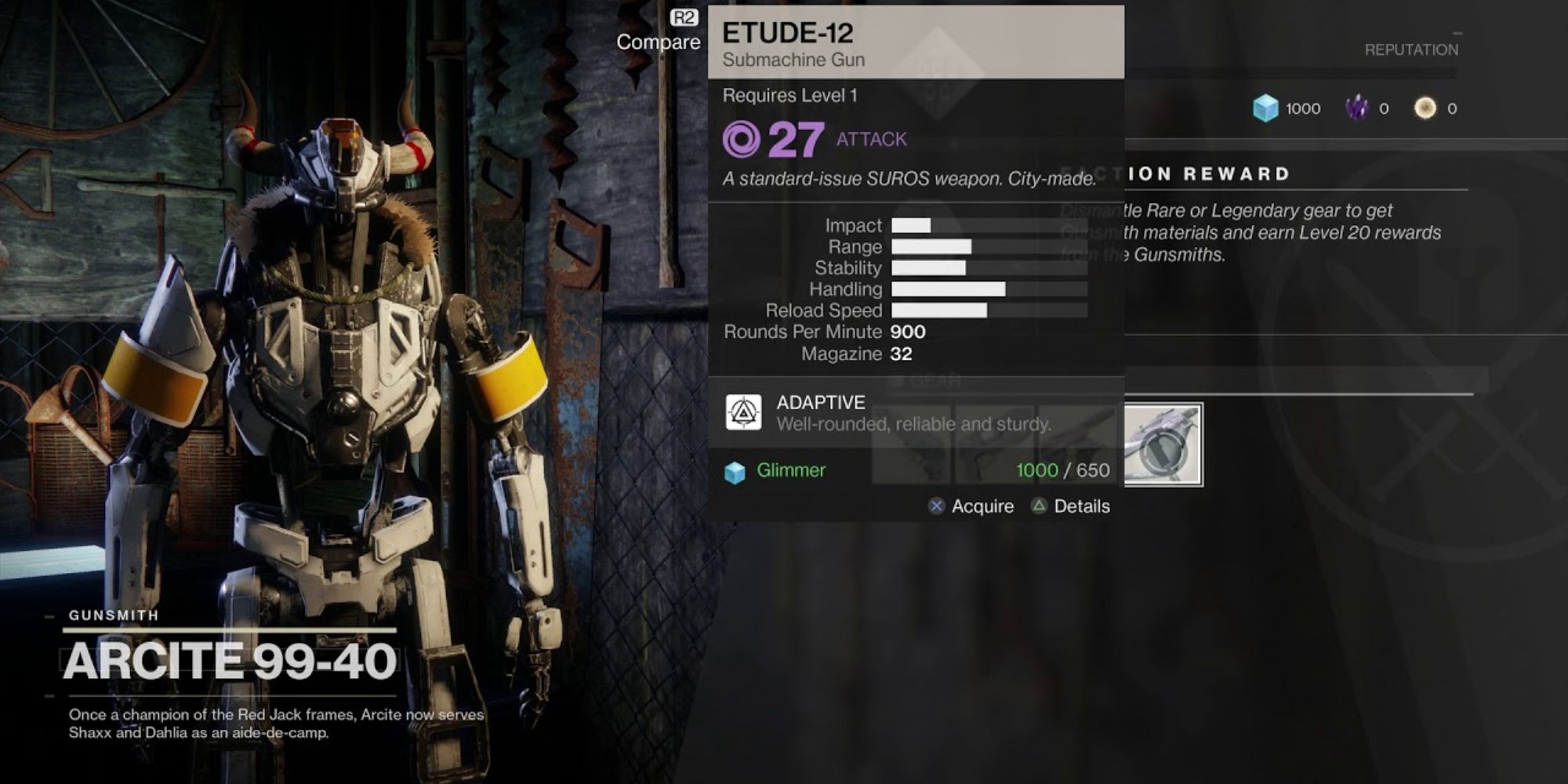 Destiny Arcite 99-40 stood still in front of metal wall with shop menu text displayed to his right