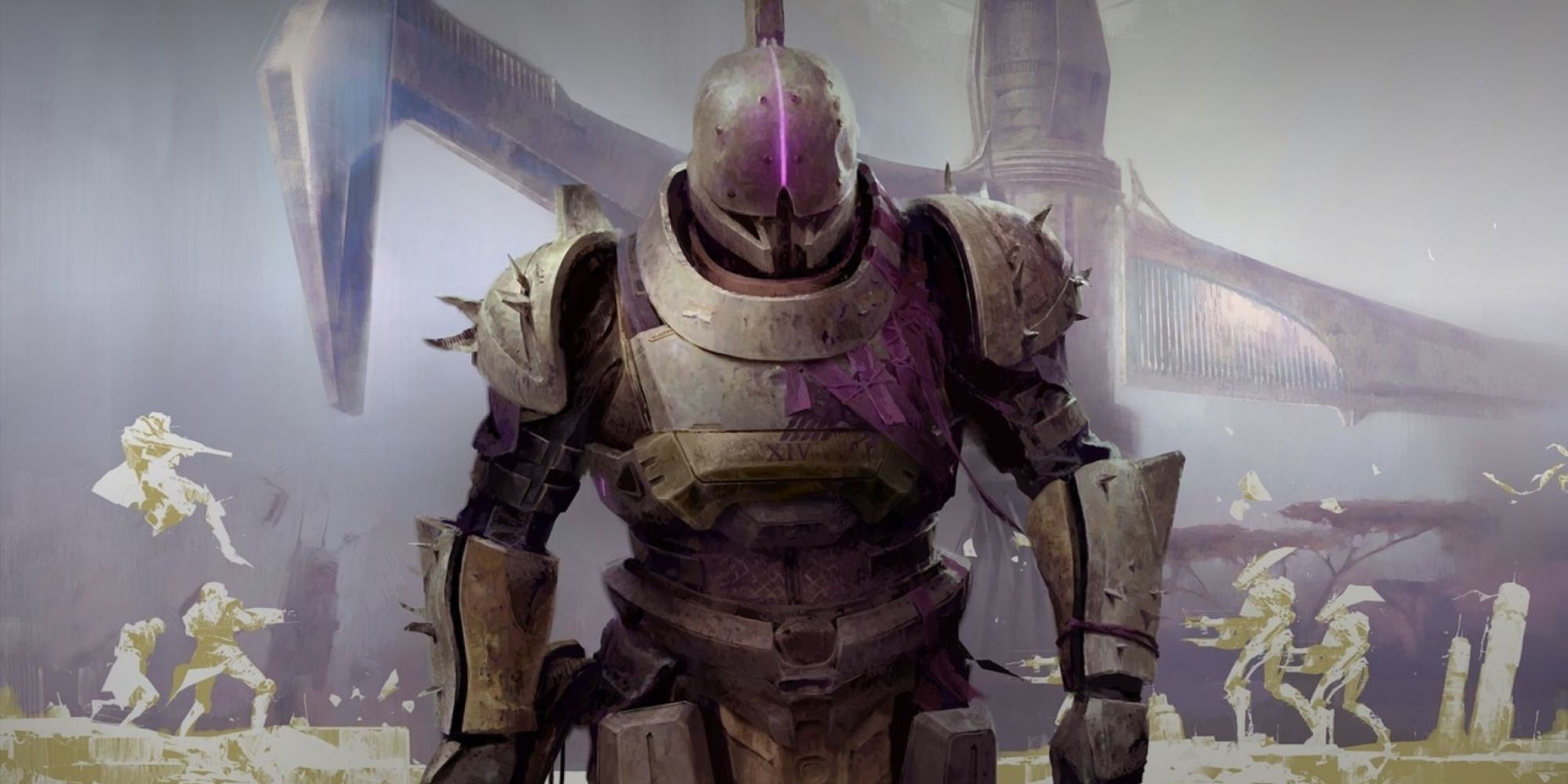 Destiny concept art of Saint-14 walking proudly forward with fighting happening in the background